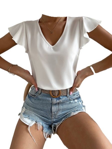 

solid butterfly sleeve blouse g4ba#, White