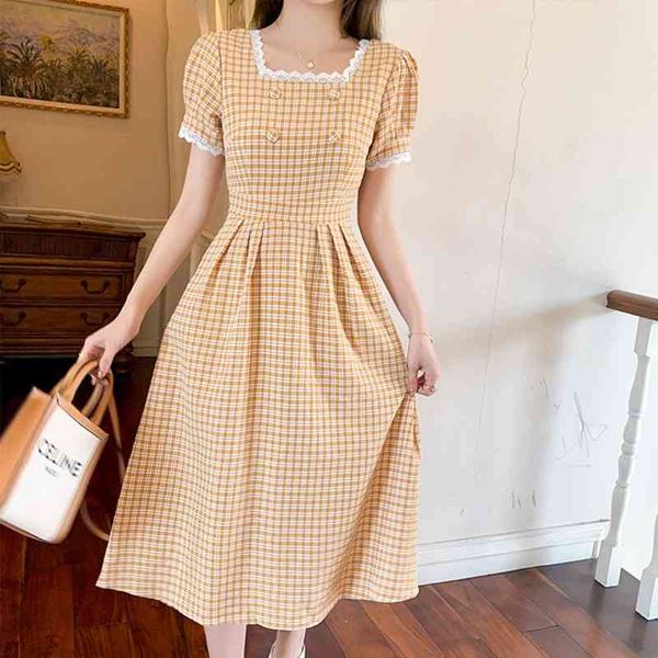 

retro plaid dresses female summer women elegant temperament lace with square collar puff sleeve casual chic midi 210526, Black;gray