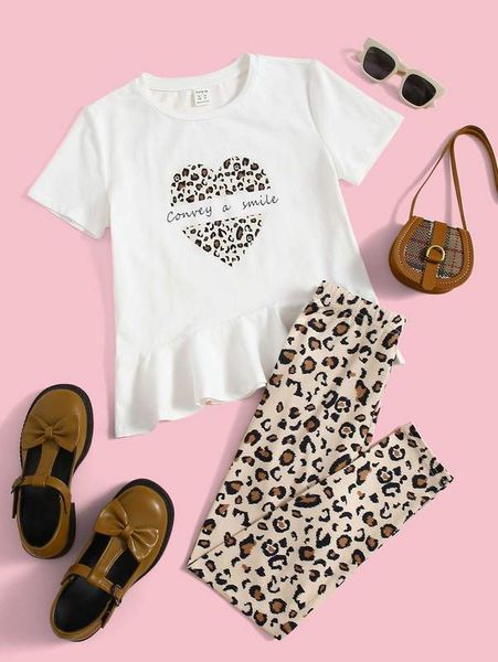 

girls slogan graphic ruffle hem tee & leopard pants set she, White