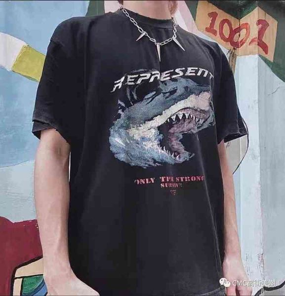 

white repeat shark print used washed high street paint off beautiful tide damaged short sleeve t-shirt, White;black