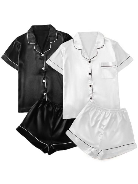 

satin contrast binding 2 pcs blouse & 2 pcs shorts o2yw#, Black;red
