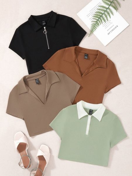 

4pcs polo neck ribbed knit tee y4xf#, White