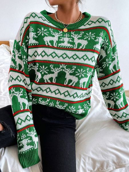 

christmas pattern drop shoulder sweater g19r#, White;black