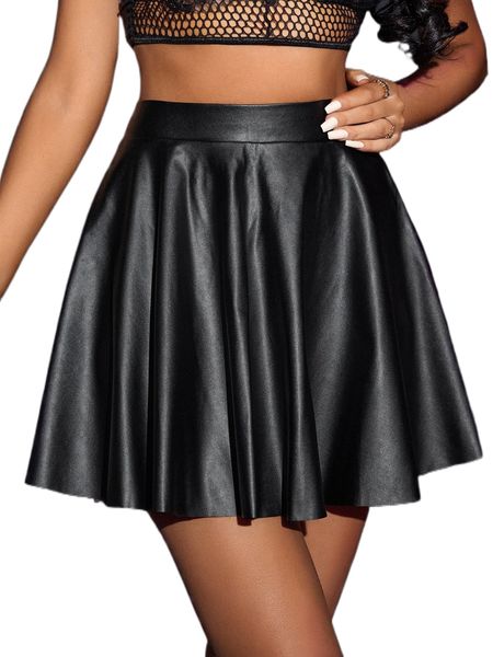 

sxy high waist pu flare skirt b4am#, Black
