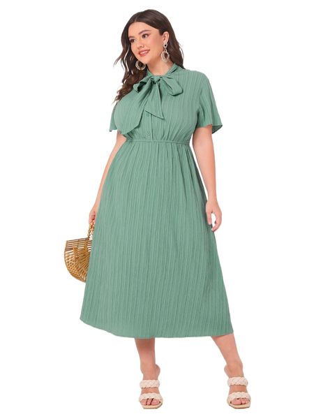 

plus solid tie neck dress r7lp#, Black