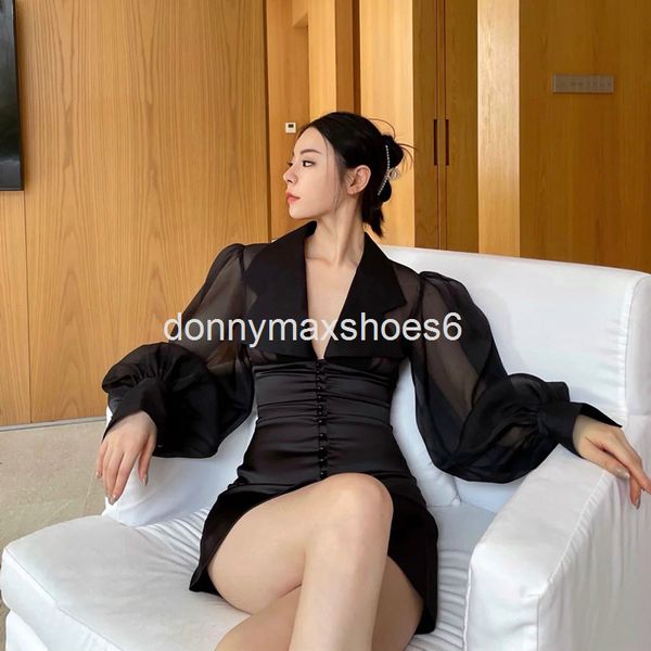 

casual dresses summer perspective bubble sleeve deep v suit collar dress imperial sister style tight hip wrap skirt, Black;gray