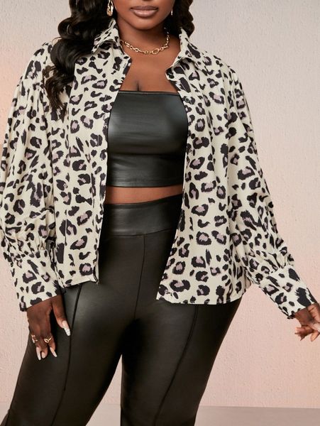 

sxy plus leopard print button front blouse k5ay#, Black