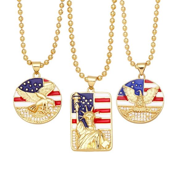 Anhänger Halsketten FLOLA Emaille USA Flagge Halskette für Frauen Männer Kupfer Zirkon 4. Juli Mode Vergoldet Schmuck Geschenke NKEB228