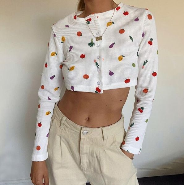 

women's t-shirt fruit print cardigan collar long sleeve round neck, White