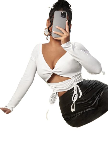 

sxy plunging neck cut out drawstring front crop a9hj#, White