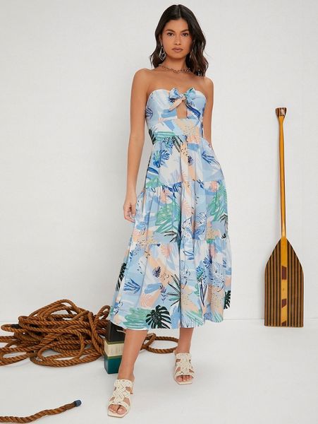 

tropical print knot front ruffle hem tube dress l6zr#, Black;gray