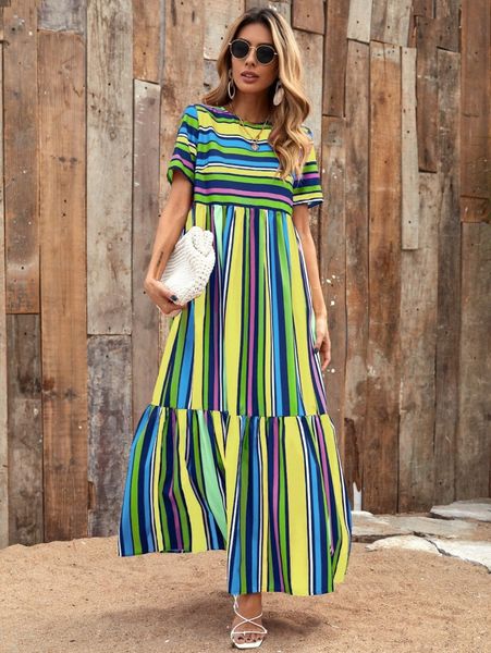 

striped ruffle hem babydoll dress f1dc#, Black;gray