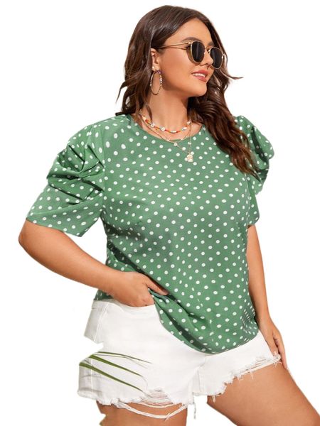 

plus polka dot puff sleeve blouse r42c#, Black