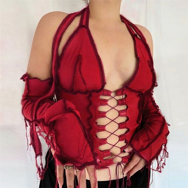 

backless halter ribbed tie front women long sleeve hollow out lace up t shirts patchwork bodycon y2k crop 220527, White