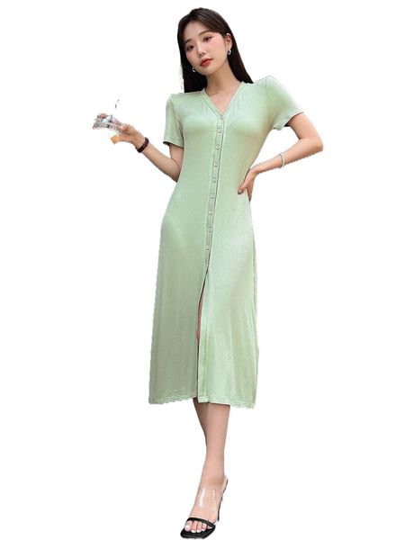 

dazy button front rib-knit dress d37o#, Black;gray