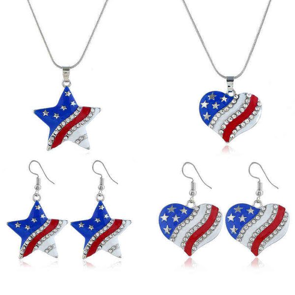 

american flag set jewelry creativity big love five pointed star diamond earrings independence day flag necklace, Silver