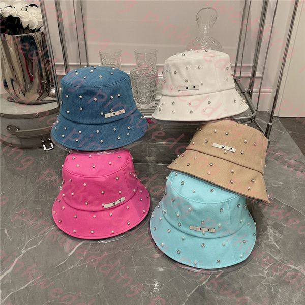 

summer sun hat luxury diamond bucket hat chic pearl decoration fisherman hats floppy flat canvas buckets cap, Blue;gray