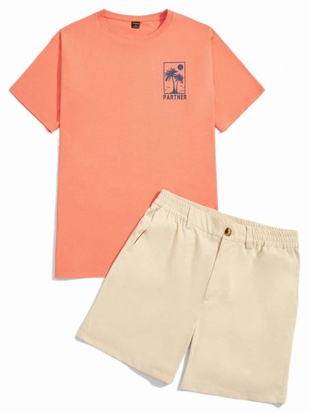 

men palm tree & letter graphic tee & shorts i8na#, Gray