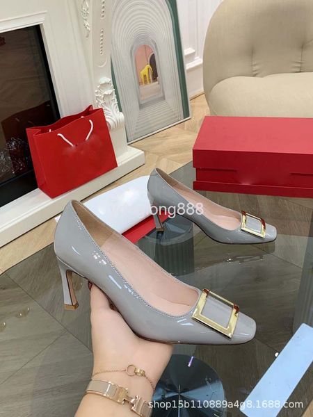 

dress shoes r single shoes women's spring and summer style square buckle shallow mouth head patent leather fashion thin, Black