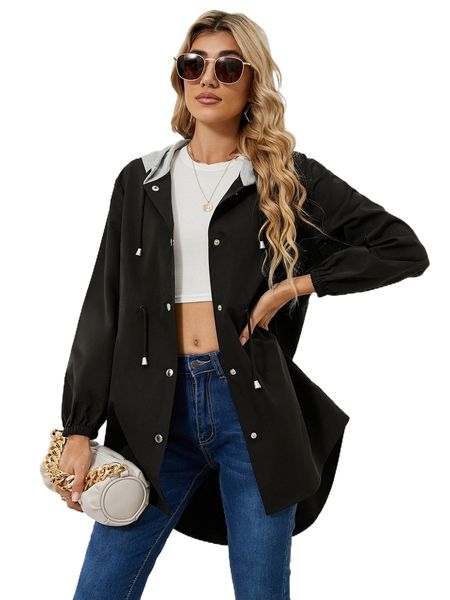 

colorblock drawstring waist hooded coat h9gq#, Black