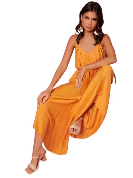 

asymmetrical hem belted wide leg cami jumpsuit e3mt#, Black;white