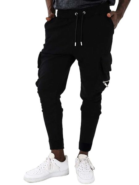 

men zip detail flap pocket side drawstring waist sweatpants c1hf#, Black