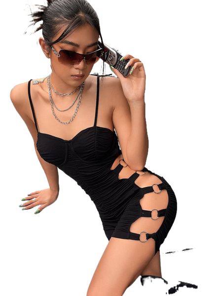 

o-ring cut out side ruched bustier cami unitard romper 41xt#, Black;white