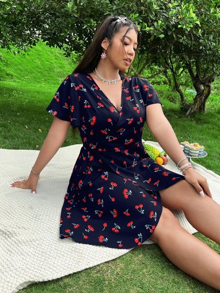 

plus cherry print butterfly sleeve wrap knot side dress v72l#, Black