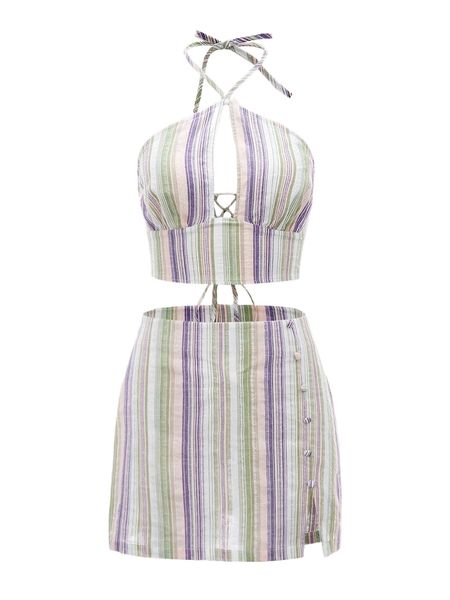 

striped print tie back halter & split hem skirt q9bj#, White
