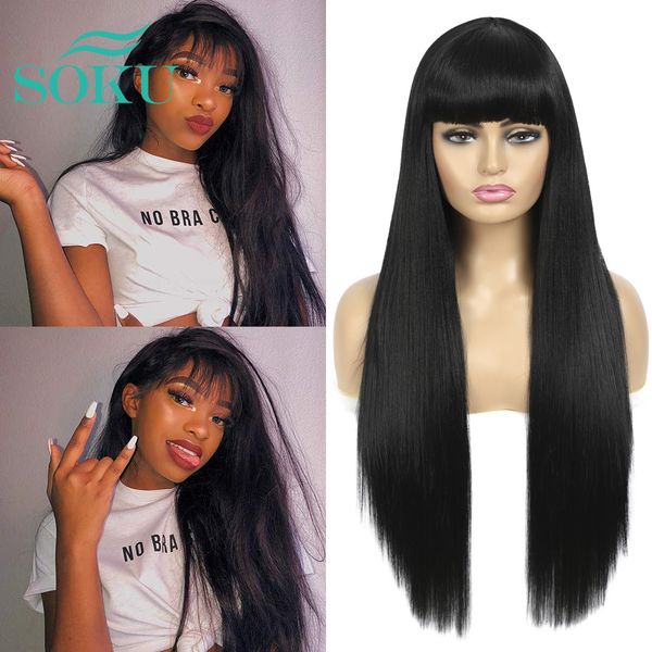

synthetic wig with bangs long straight wigs natural black color daily style hair heat resistant fiber for black womenfactory direct
