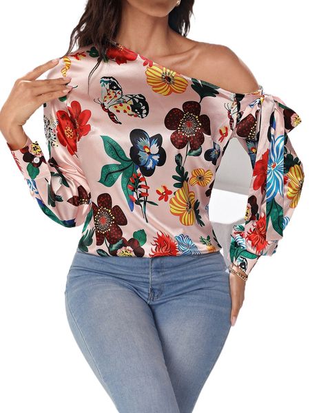 

floral print asymmetrical neck knot side blouse 06ca#, White