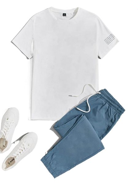 

men slogan graphic tee & drawstring waist pants set d9pm#, Gray