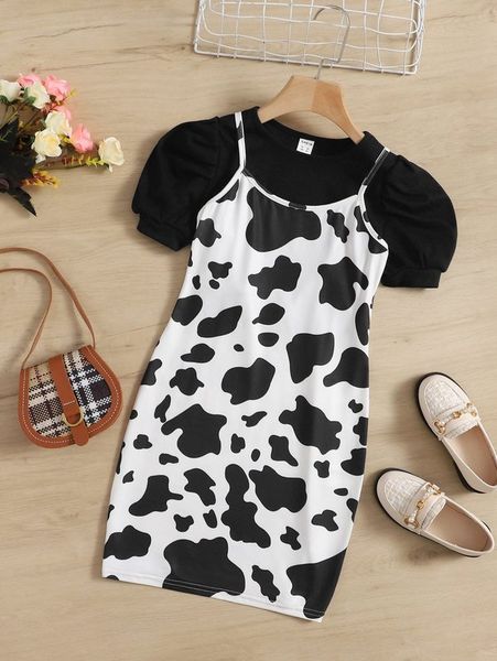 

girls puff sleeve tee & cow print cami dress set she, White