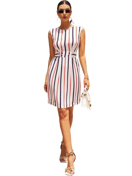

striped button back belted sleeveless dress b1f8#, Black;gray