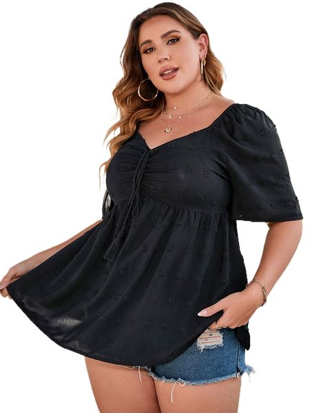 

plus swiss dot drawstring front sweetheart neck puff sleeve peplum blouse a3ll#, Black