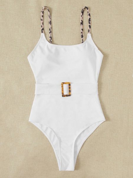 

leopard print buckled detail belted one piece swimsuit 72fg#, White;black