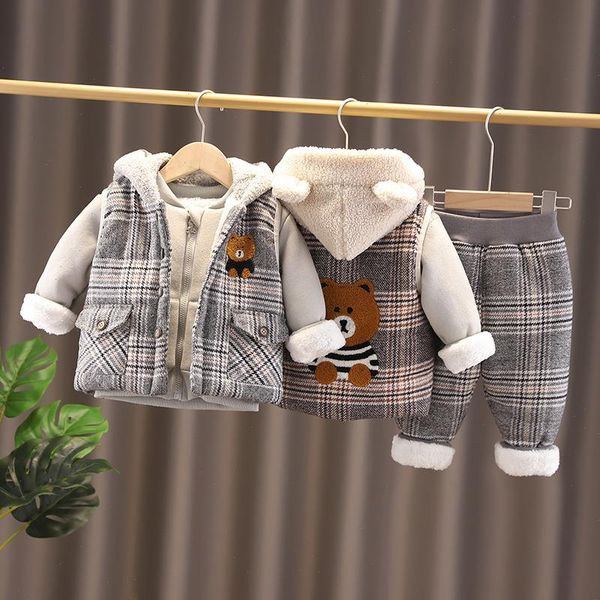 

childrens winter clothing set for boys plush thickened three piece small kids warm suit toddler clothes fashion, White