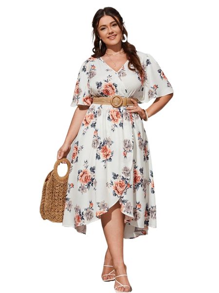 

plus floral print wrap butterfly sleeve dress without belt g3qb#, Black