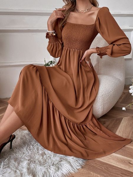 

square neck shirred ruffle hem dress 06ym#, Black;gray