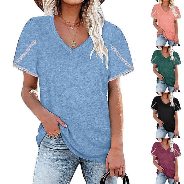 

women's t-shirt 2022 spring and summer solid v-neck lace petal sleeve t-shirt women 2l14, White