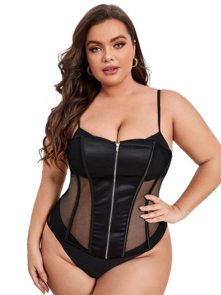 

plus zip front contrast mesh overbust corset t8jg#, Black;white