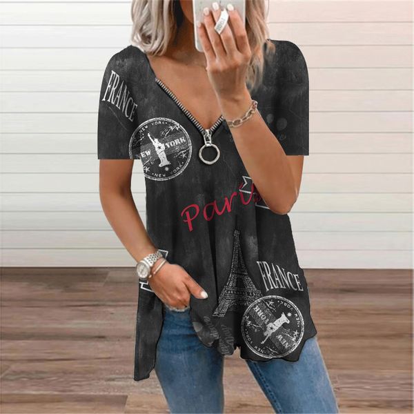 Roupas Femininas Vintage Carta Gráfica Impressão V-Neck Zipper Casual T-shirt Senhoras Túnica Tops Moda Plus Size Camisetas 220411