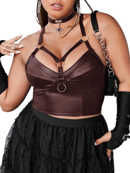 

plus o-ring cut out crisscross back crop cami e8kb#, Black