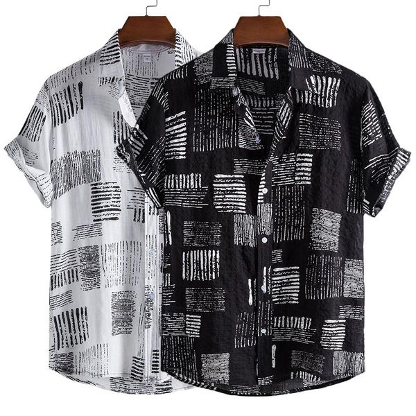 Camicie casual da uomo Camicia estiva a maniche corte in cotone poliestere da uomo Modello scozzese geometrico Camicetta maschile da spiaggia hawaiana per uomoUomo