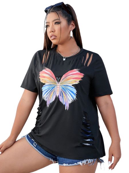 

plus butterfly print cut out tee y8p4#, Black