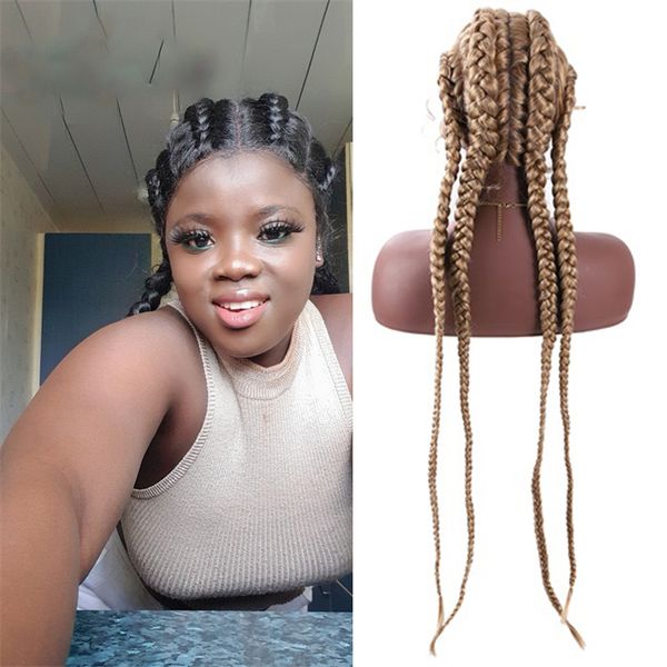 Peruca trançada caixa frontal de renda com cabelo de bebê médio longo sintético resistente ao calor trançado peruca para mulheres negras peruca afro