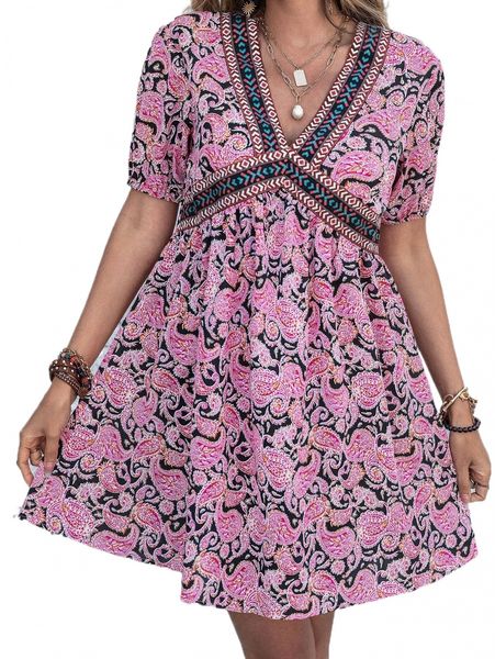 

rusttydustty paisley print contrast geo tape dress 67ab#, Black;gray