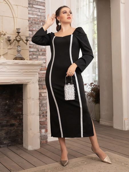 

plus contrast tape puff sleeve split hem dress k5hb#, Black