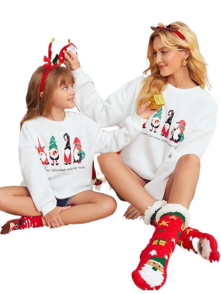 

1 pc drop shoulder christmas print pullover s97w#, Black