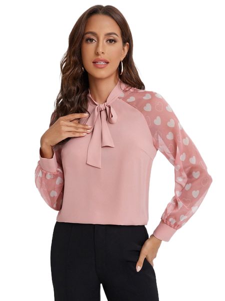 

x squid house heart print raglan sleeve tie neck blouse a2xm#, White